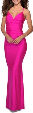 La Femme Strappy Back Ruched Trumpet Gown