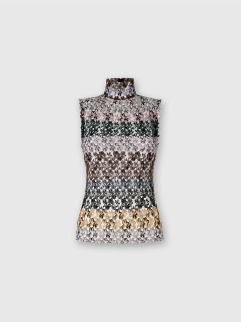 High-neck Top In Striped Embroidered Lace