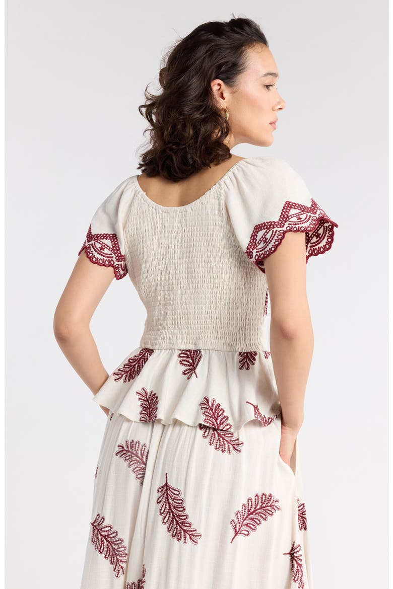 Flutter Sleeve Peplum Top, Alternate, color, IVORY BURGUNDY EMBROIDERY