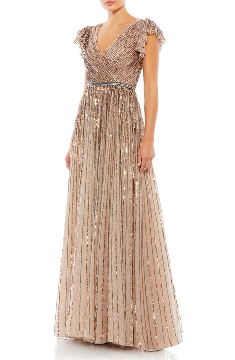Women's Sequined Wrap Over Ruffled Cap Sleeve Gown