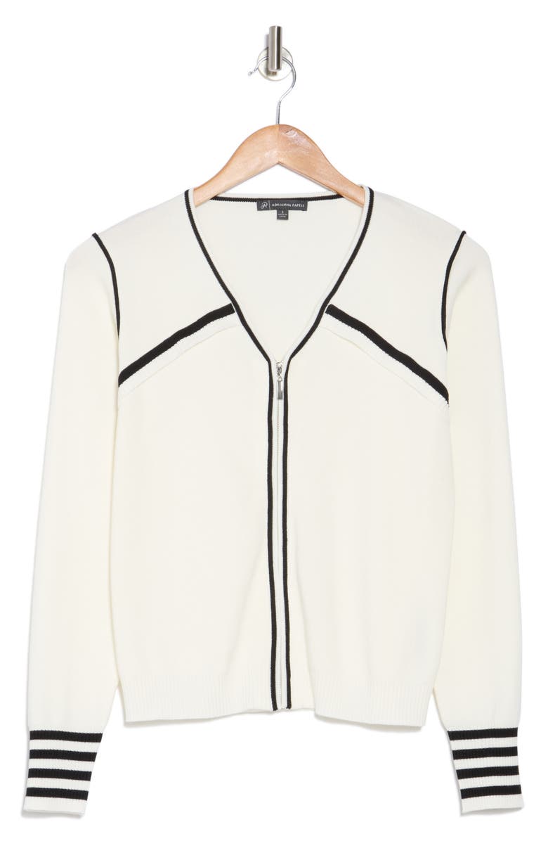 Adrianna Papell Stripe V-Neck Zip Cardigan, Alternate, color,