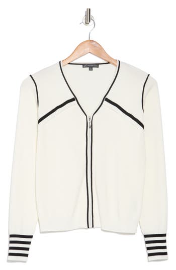 ADRIANNA PAPELL ADRIANNA PAPELL STRIPE V-NECK ZIP CARDIGAN 