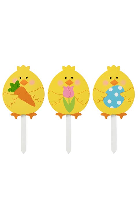Set of 3 Wooden Easter Egg Chick Picks Yard Stakes