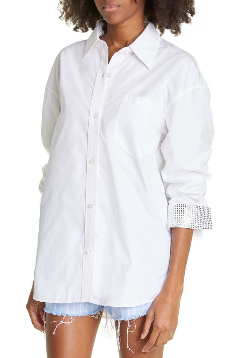 Alexander Wang Athena Oversize Crystal Cuff Cotton Poplin Button-Up Shirt, Alternate, color, 