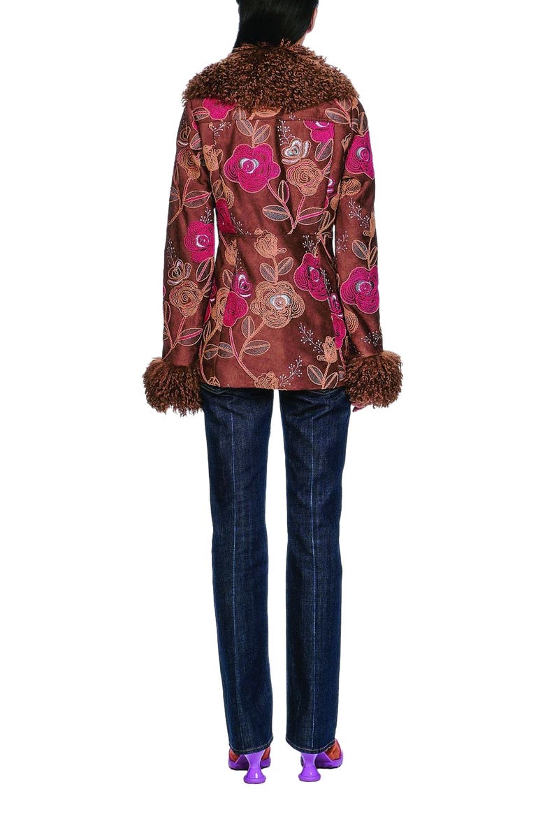 Poiret Rose Embroidered Faux Suede Faux Fur Trim Jacket, Alternate, color, Caramel Multi