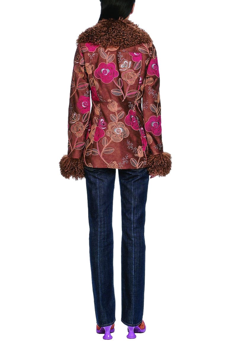 Anna Sui Poiret Rose Embroidered Faux Suede Faux Fur Trim Jacket, Alternate, color, Caramel Multi