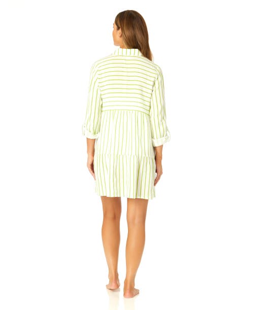 Anne Cole Button Front Long Sleeve Tiered Dress Cover Up In Lime Stripe