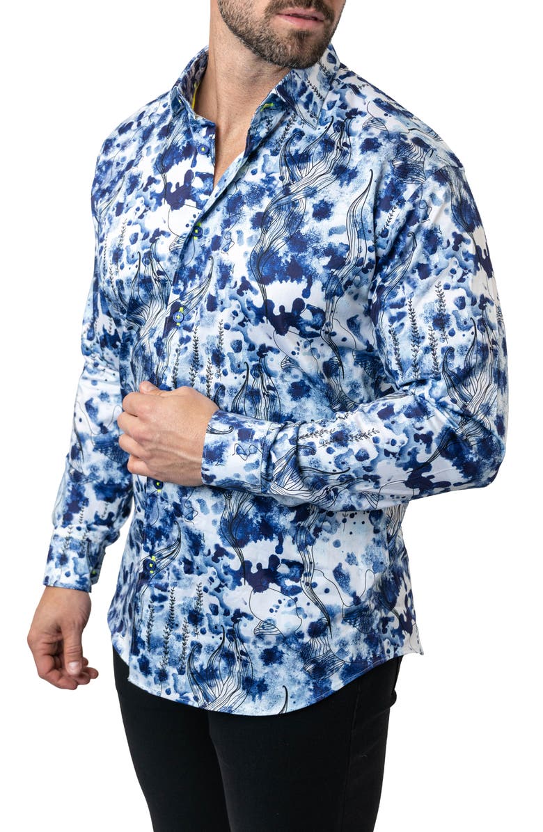 Maceoo Fibonacci Atlantis Blue Egyptian Cotton Button-Up Shirt, Alternate, color, 