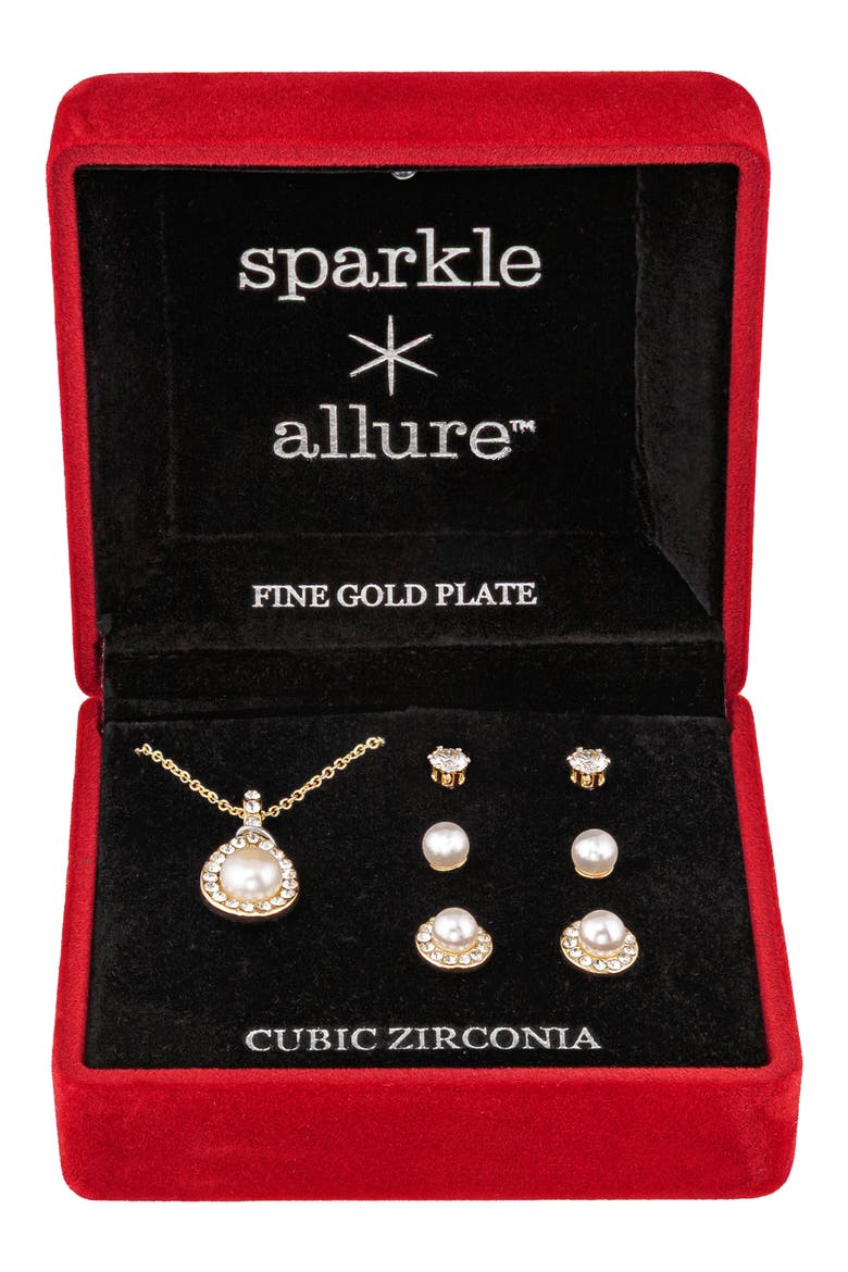 Imitation Pearl and Cubic Zirconia Necklace and Earrings Set, Main, color, GOLD