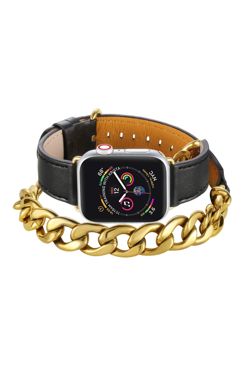 The Posh Tech Leather & Chain Wrap Strap for Apple Watch®, Main, color, BLACK-38/ 40MM