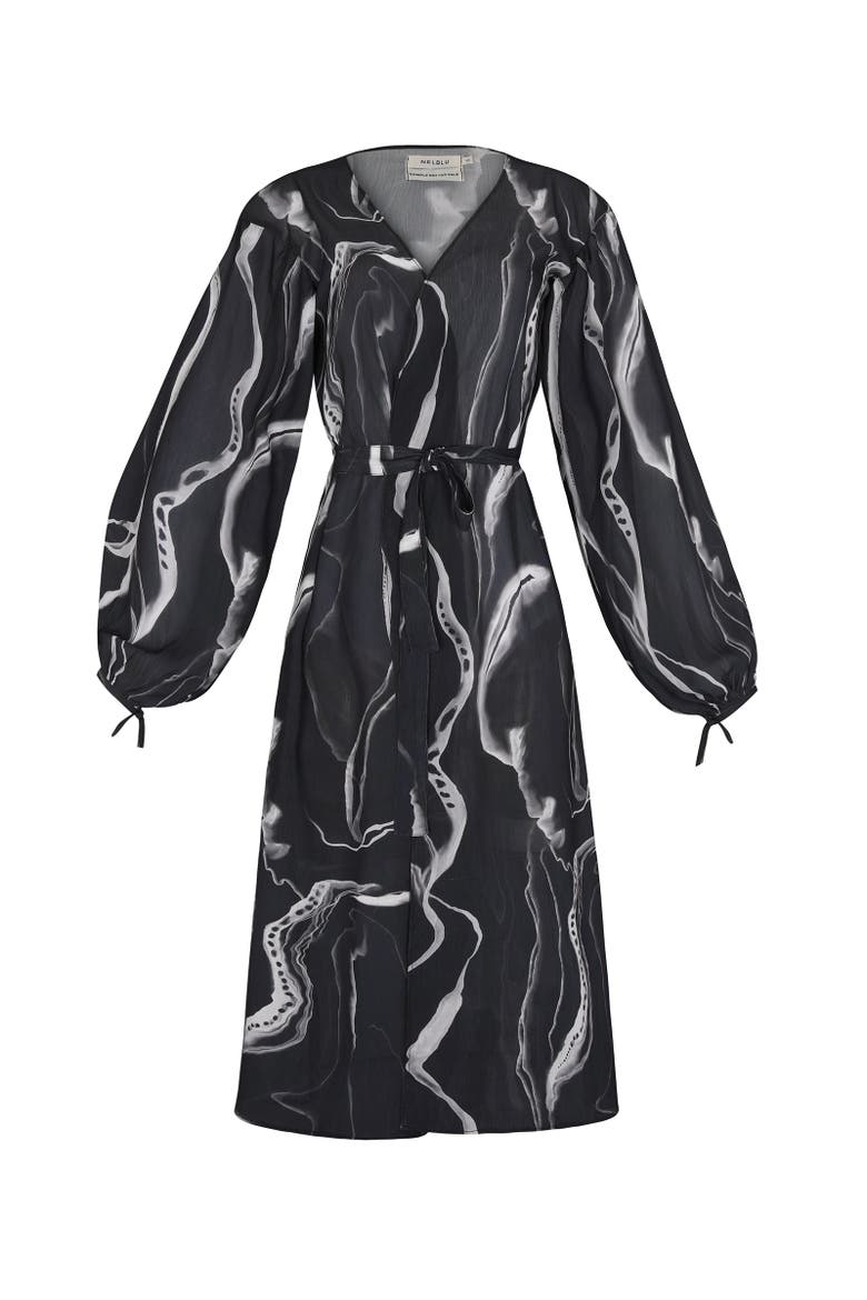 Marble Wrap Dress, Alternate, color, Print Black