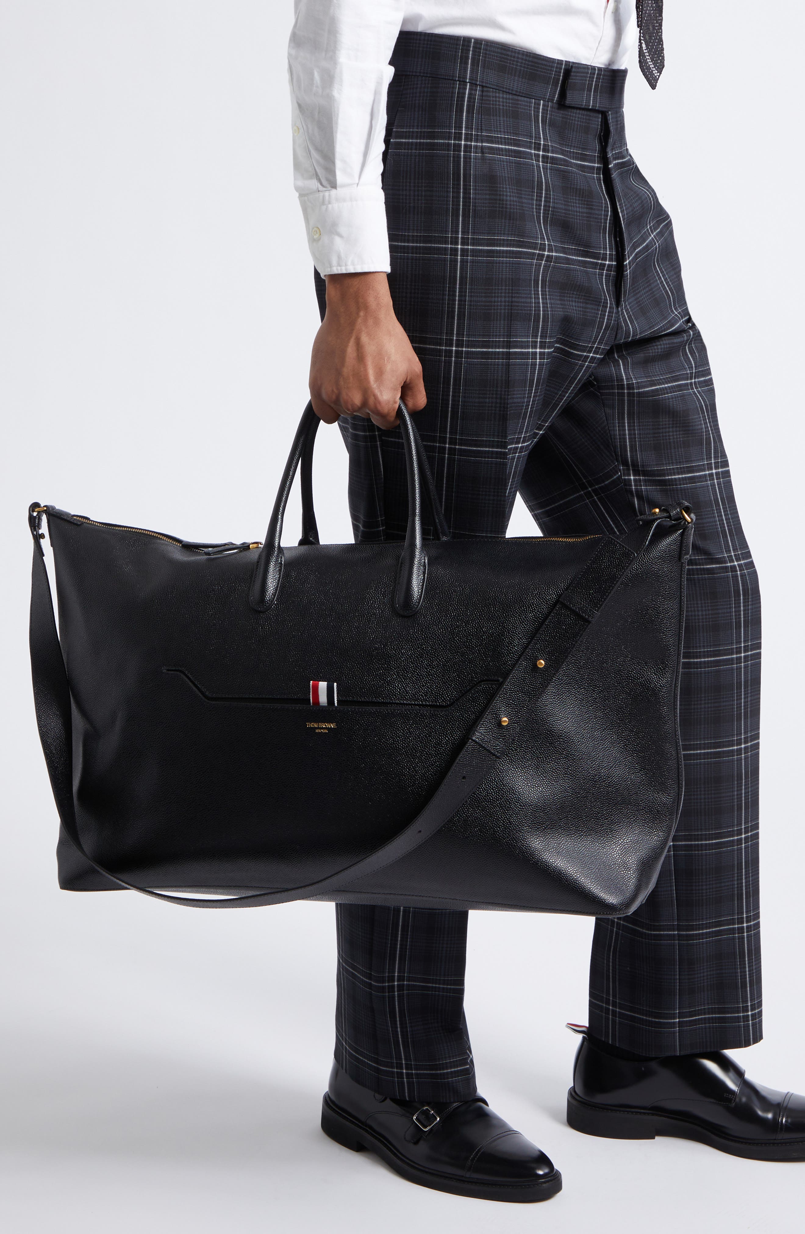 Thom Browne Leather Duffle Bag, Alternate, color, Black