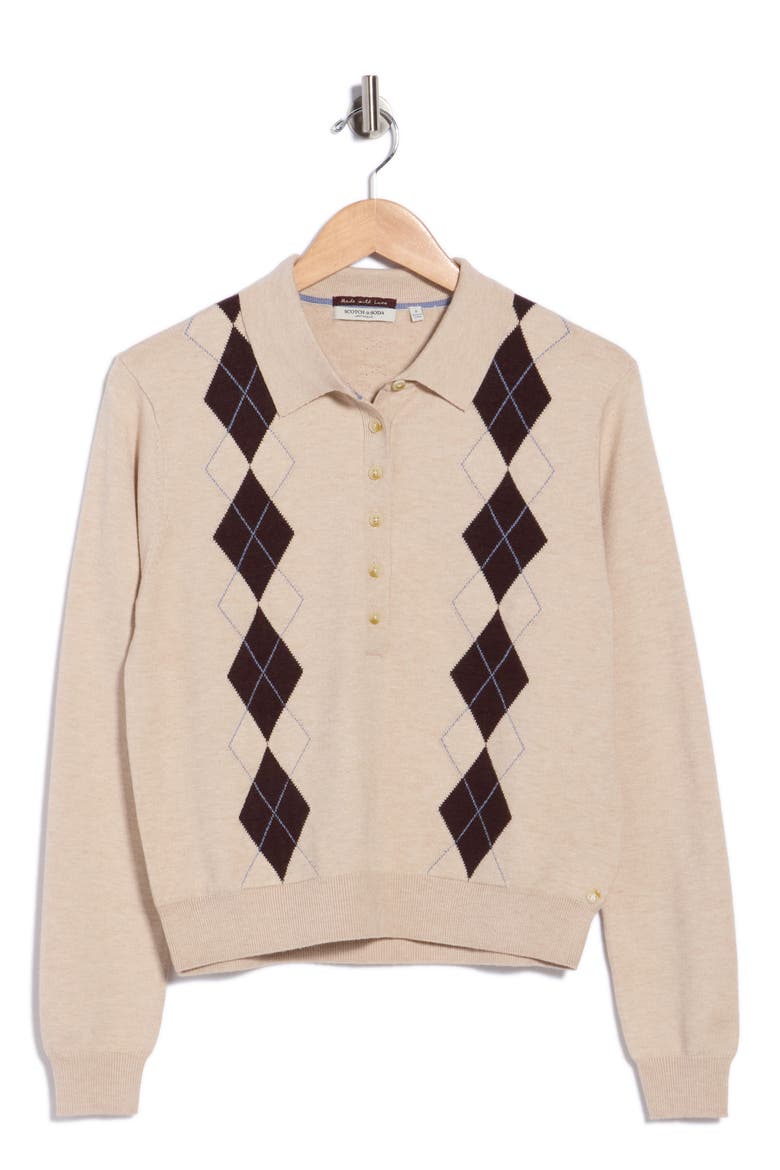 Argyle Polo Sweater, Main, color, OATMEAL HEATHER SEAL BROWN