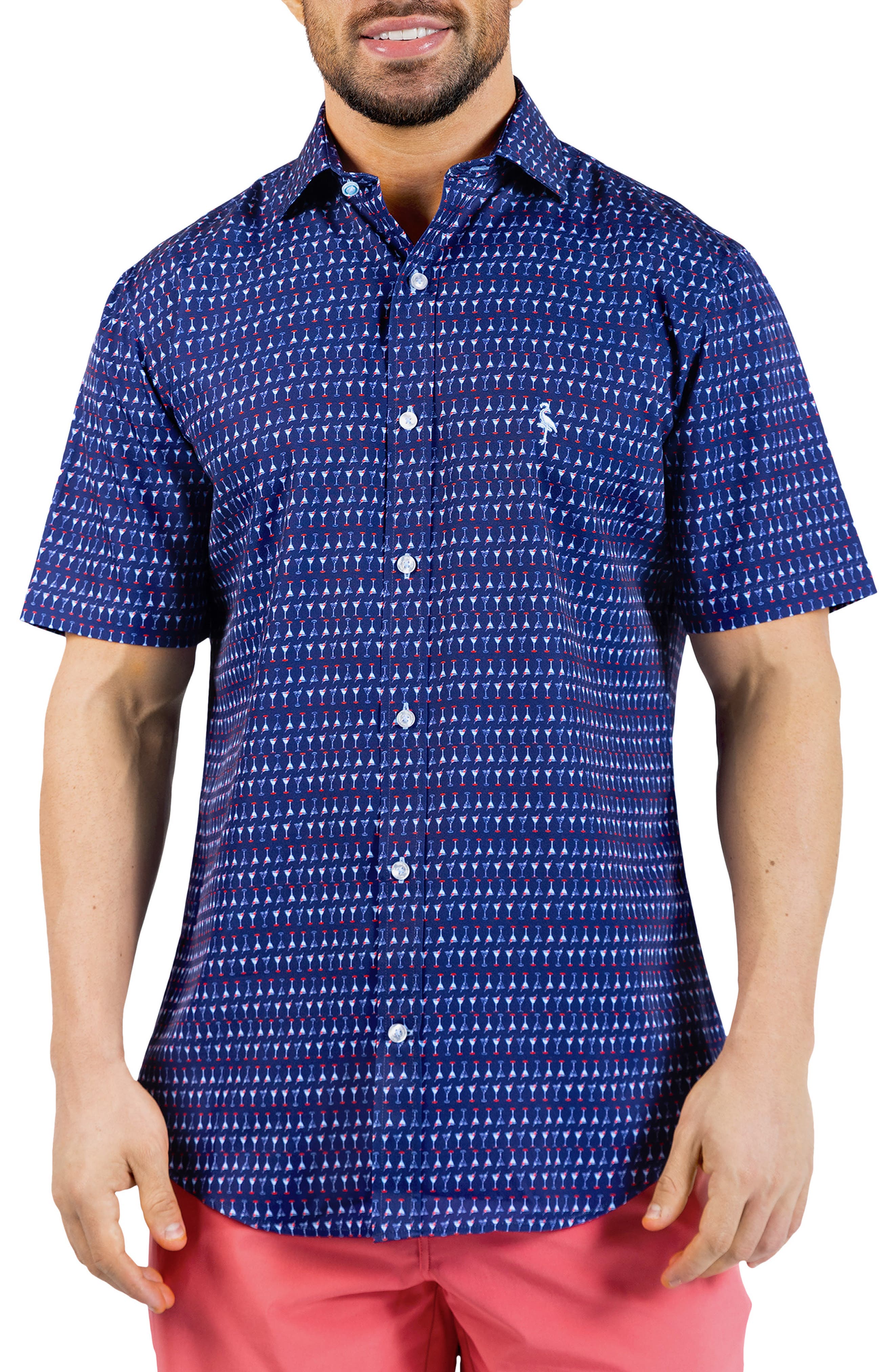 TailorByrd Martini Glasses Print Short Sleeve Button-Up Shirt
