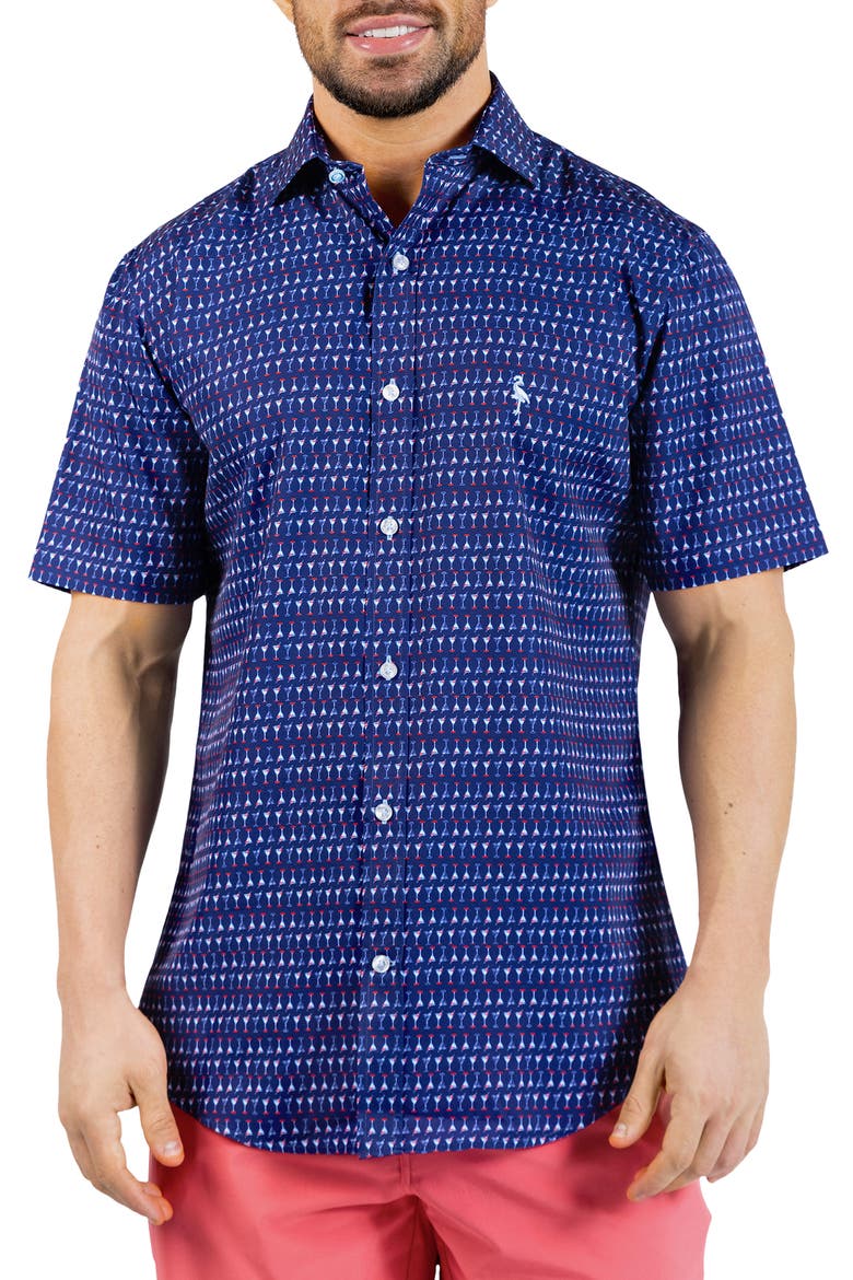 Martini Glasses Print Short Sleeve Button-Up Shirt, Main, color, NAVY