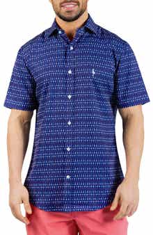 TailorByrd Martini Glasses Print Short Sleeve Button-Up Shirt
