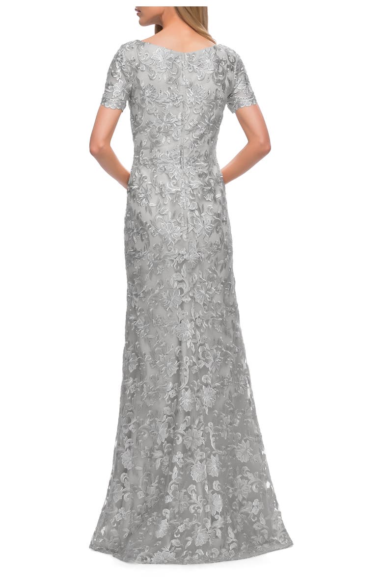 La Femme Beautiful Lace Mother of the Bride Dress with Short Sleeves, Alternate, color, Silver