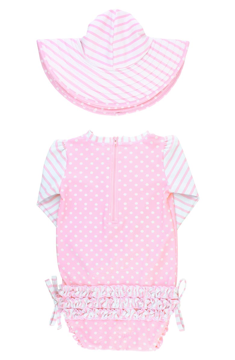 RuffleButts Polka Dot One-Piece Rashguard Swimsuit & Sun Hat Set, Alternate, color, 