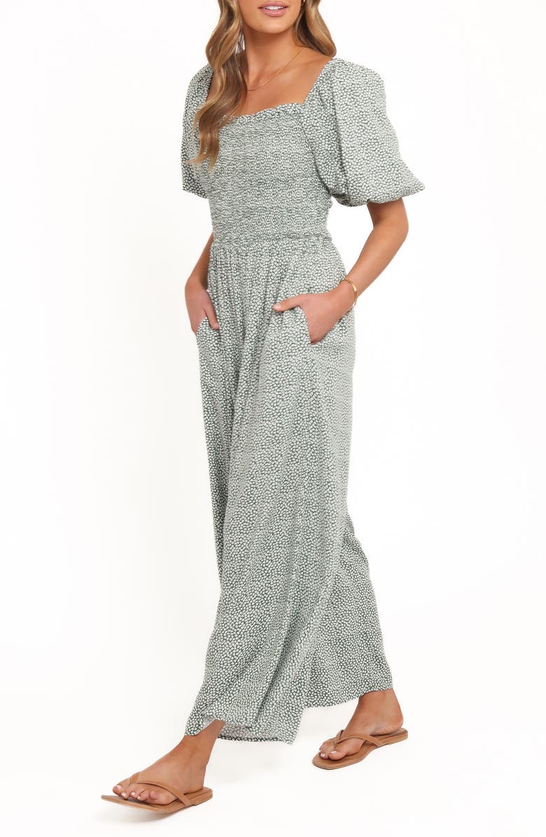 Petal & Pup Bethany Smocked Wide Leg Jumpsuit, Alternate, color, Green