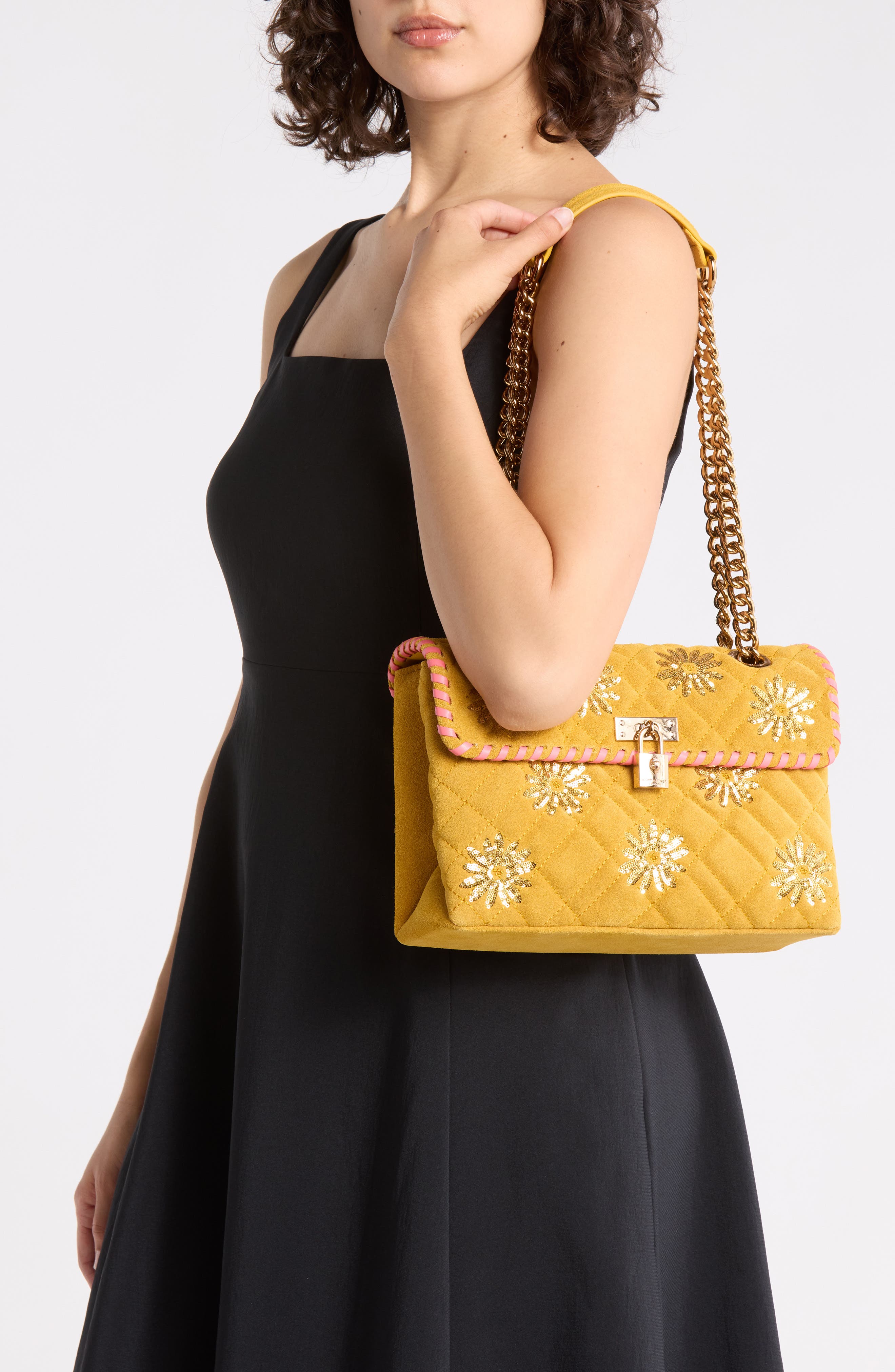 Brixton Sequin Flower Suede Shoulder Bag, Alternate, color, DARK YELLOW