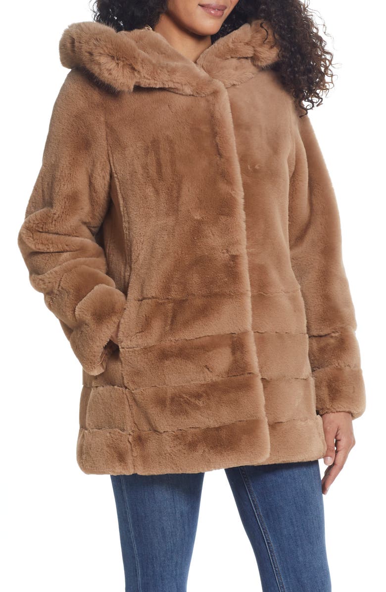 Gallery Hooded Faux Fur Coat, Alternate, color, Camel