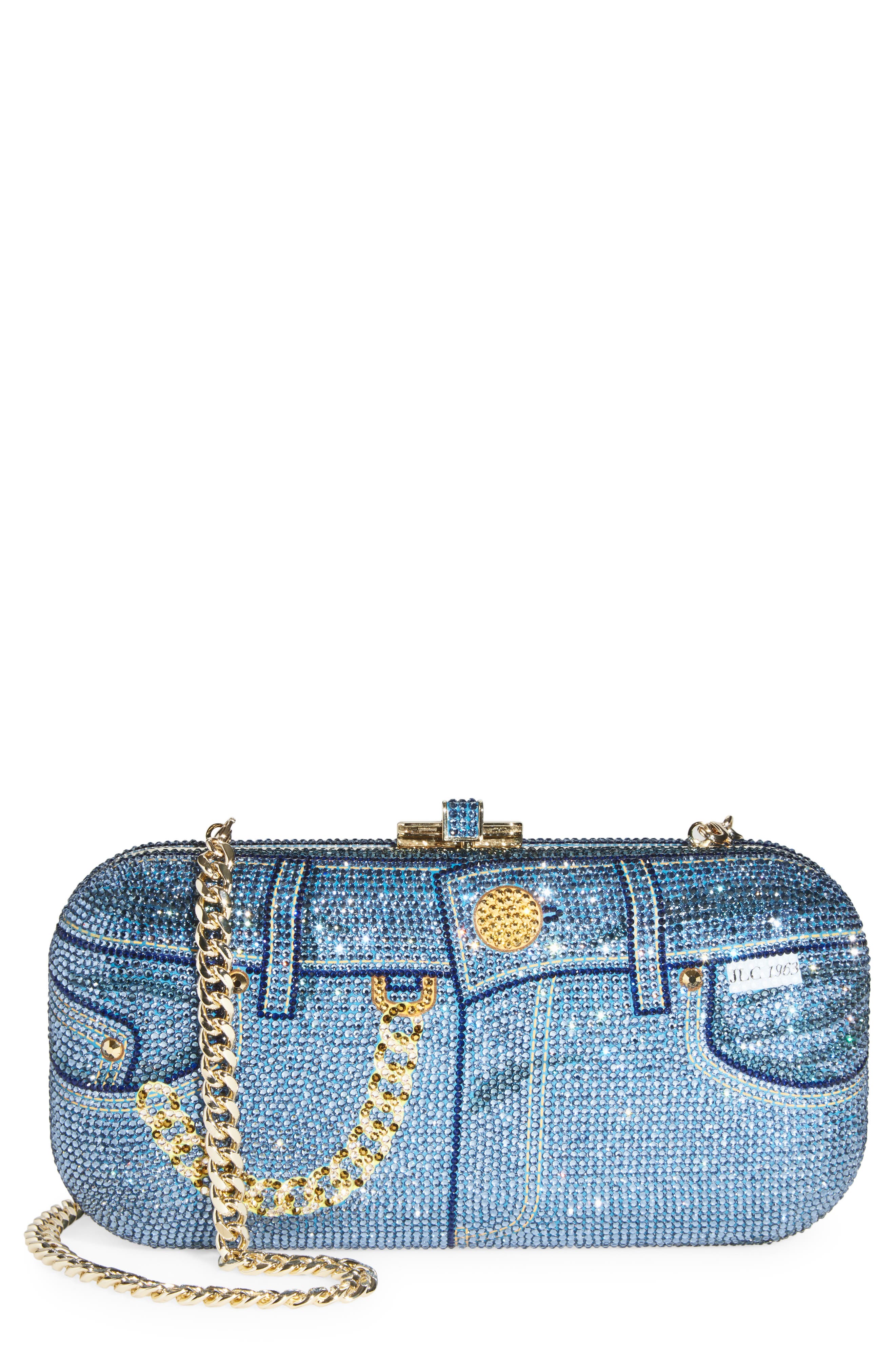 JUDITH LEIBER COUTURE Slide Jeans Crystal Embellished Clutch, Main, color, Champagne Denim Blue Multi