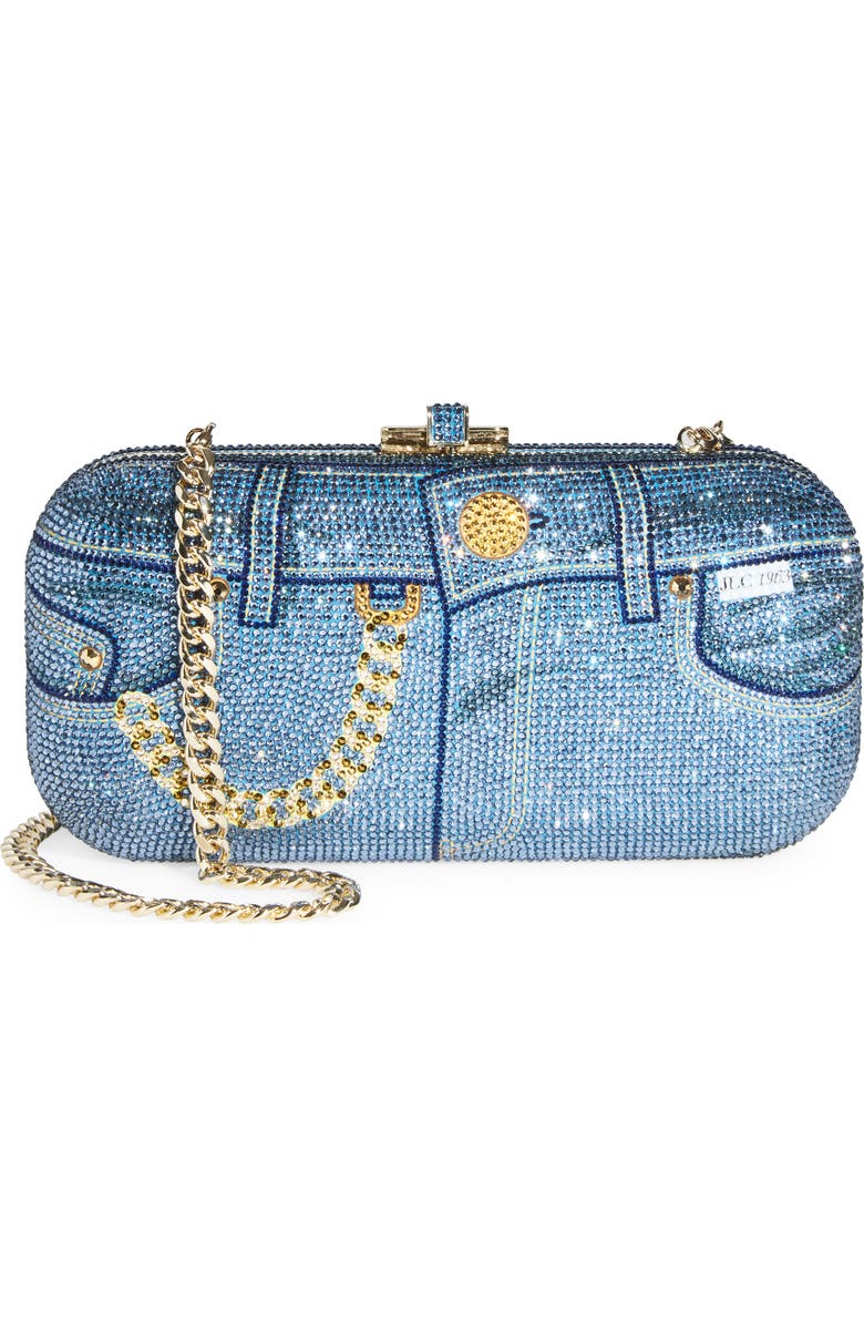 JUDITH LEIBER COUTURE Slide Jeans Crystal Embellished Clutch, Main, color, Champagne Denim Blue Multi
