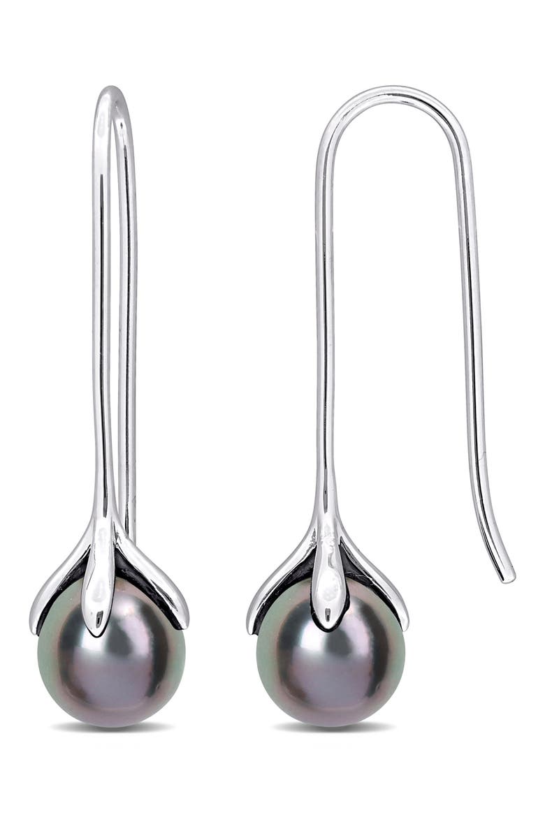 Black Cultured Pearl Threader Earrings, Main, color, BLACK