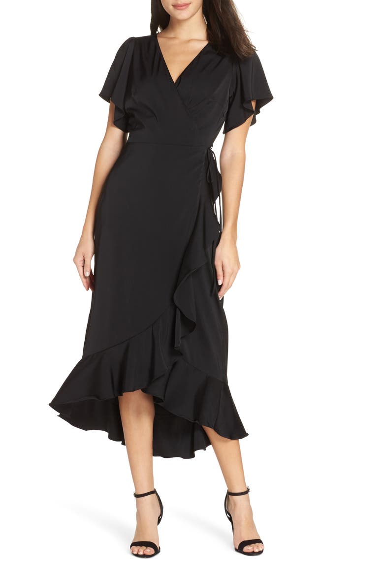Midi Ruffle Wrap Dress, Main, color, BLACK