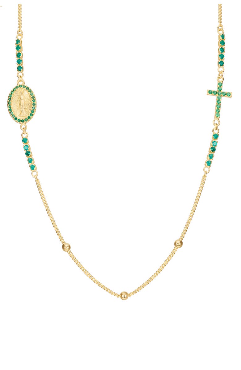 ATHRA LUXE Virgin Mary & Cross Cubic Zirconia Necklace, Main, color, Green/ Gold