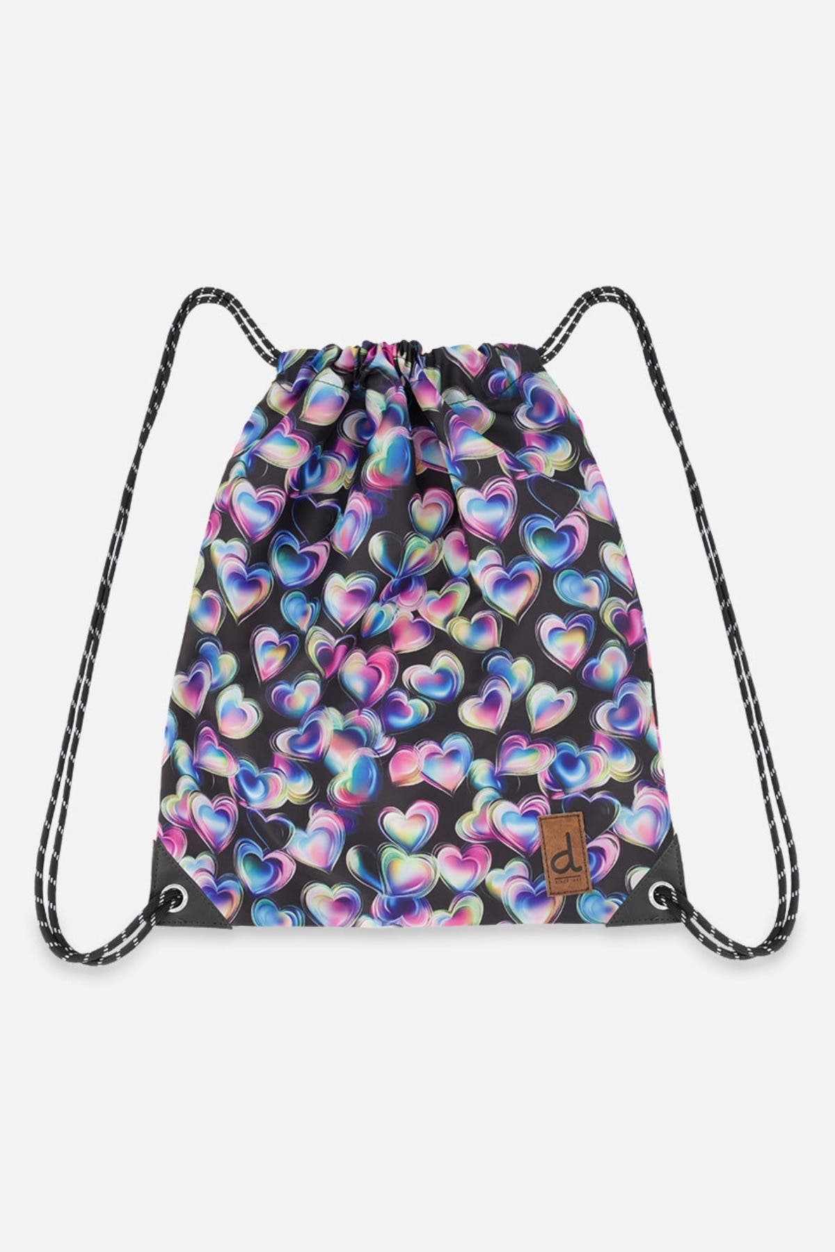 Deux par Deux Hearts Practical Charming Lightweight Drawstring Bag, Main, color, Black Printed With Hearts