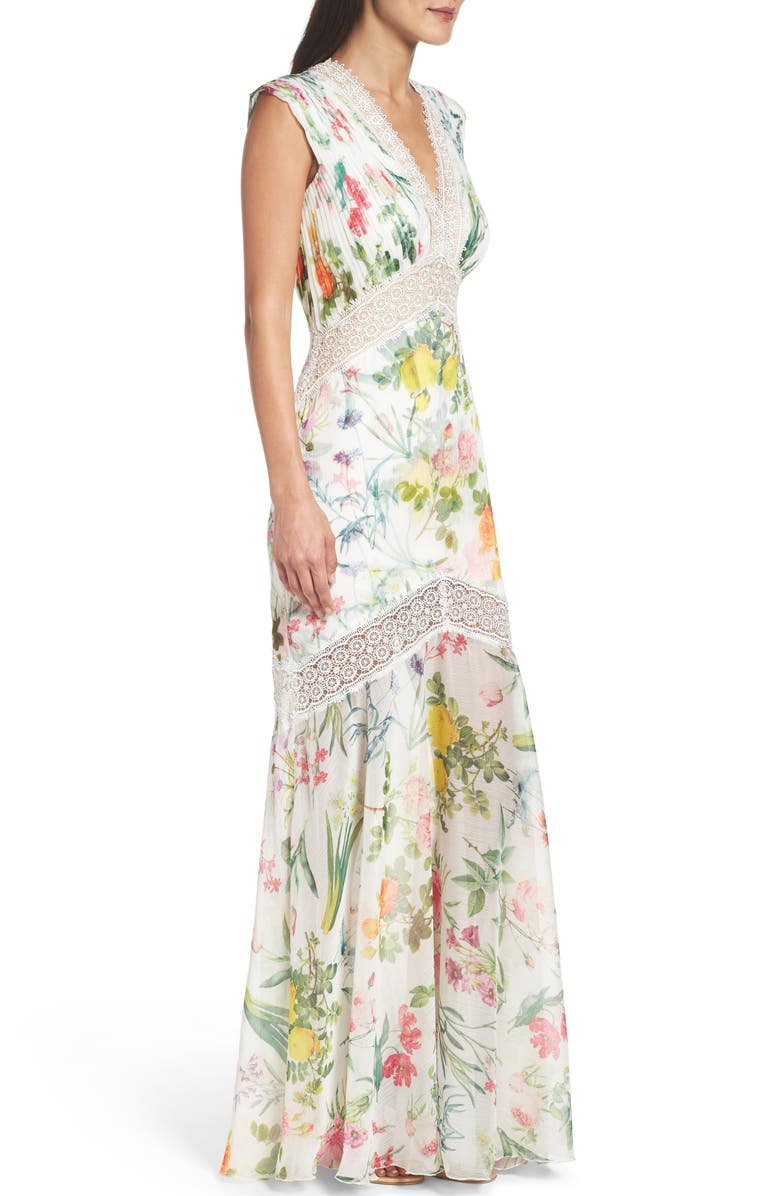 Tadashi Shoji Floral Pleat Chiffon Trumpet Gown, Alternate, color,