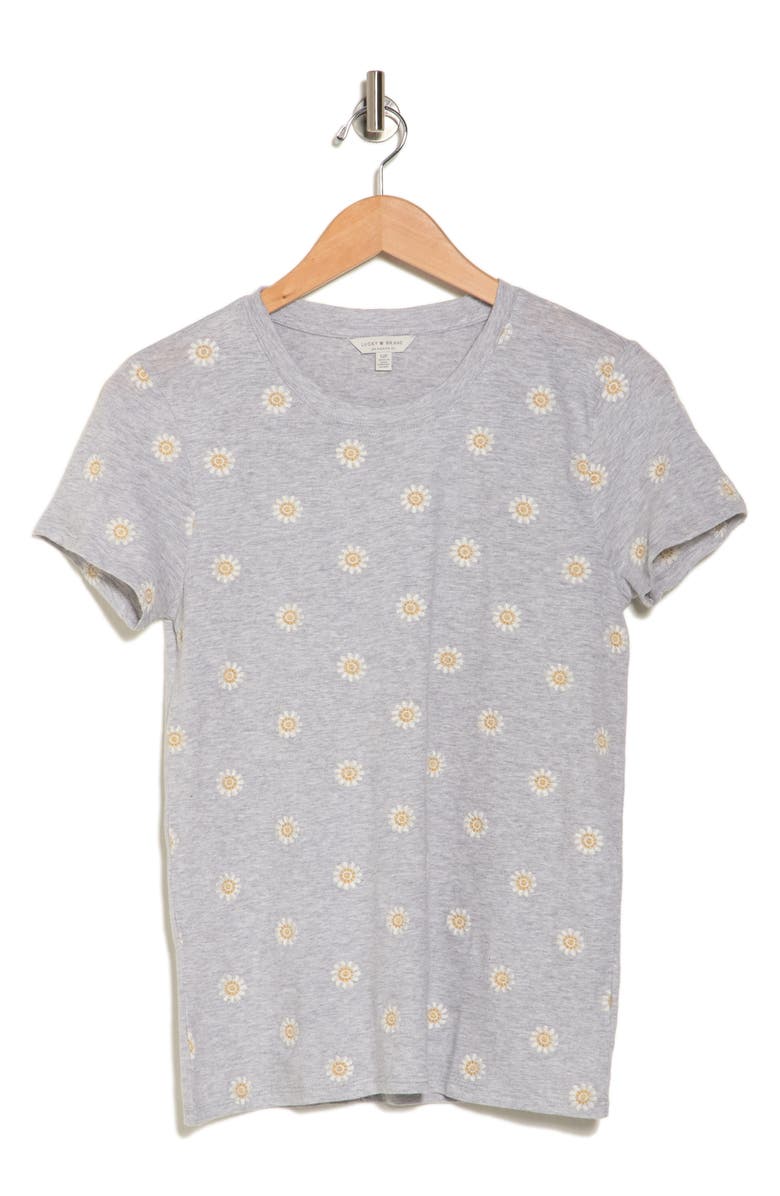 Lucky Brand Daisy All Over Embroidered Cotton Tee, Alternate, color, Heather Grey