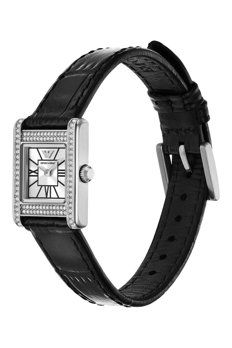 Crystal Bezel Tank Leather Strap Watch, 20mm x 26mm, Alternate, color, BLACK