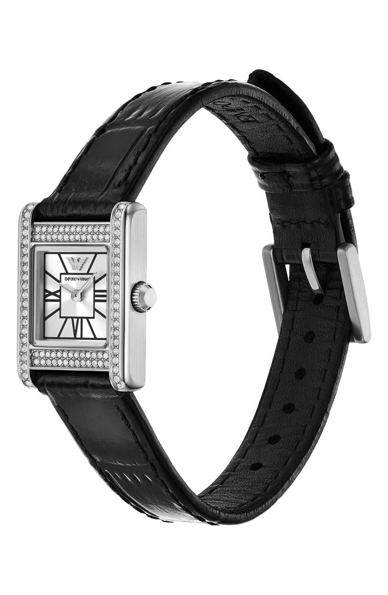 Emporio Armani Crystal Bezel Tank Leather Strap Watch, 20mm x 26mm, Alternate, color, Black