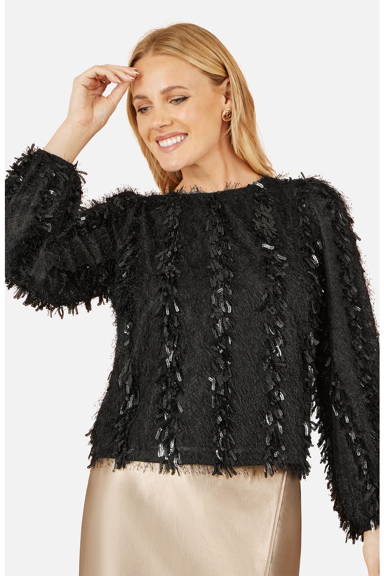 Hanging Sequin Long Sleeve Top, Main, color, Black