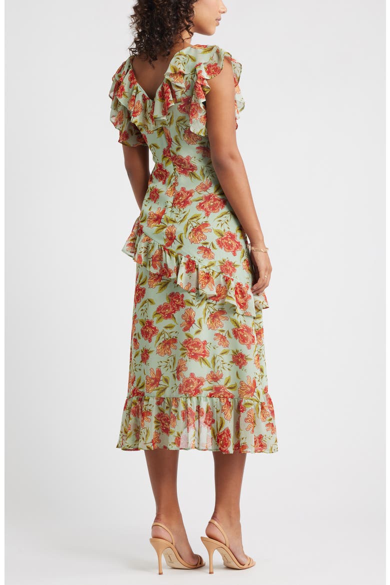 Ruffle Tiered Chiffon Midi Dress, Alternate, color, GREEN- RED FRANNIE FLORAL