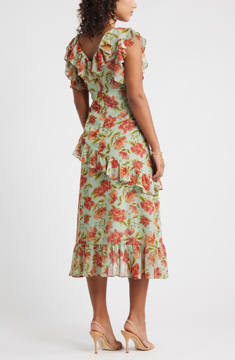 Chelsea28 Ruffle Tiered Chiffon Midi Dress, Alternate, color, Green- Red Frannie Floral