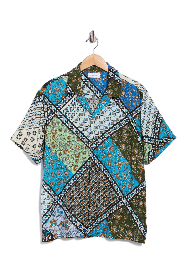 Cala Print Short Sleeve Button-Up Shirt, Alternate, color, TURQUOISE