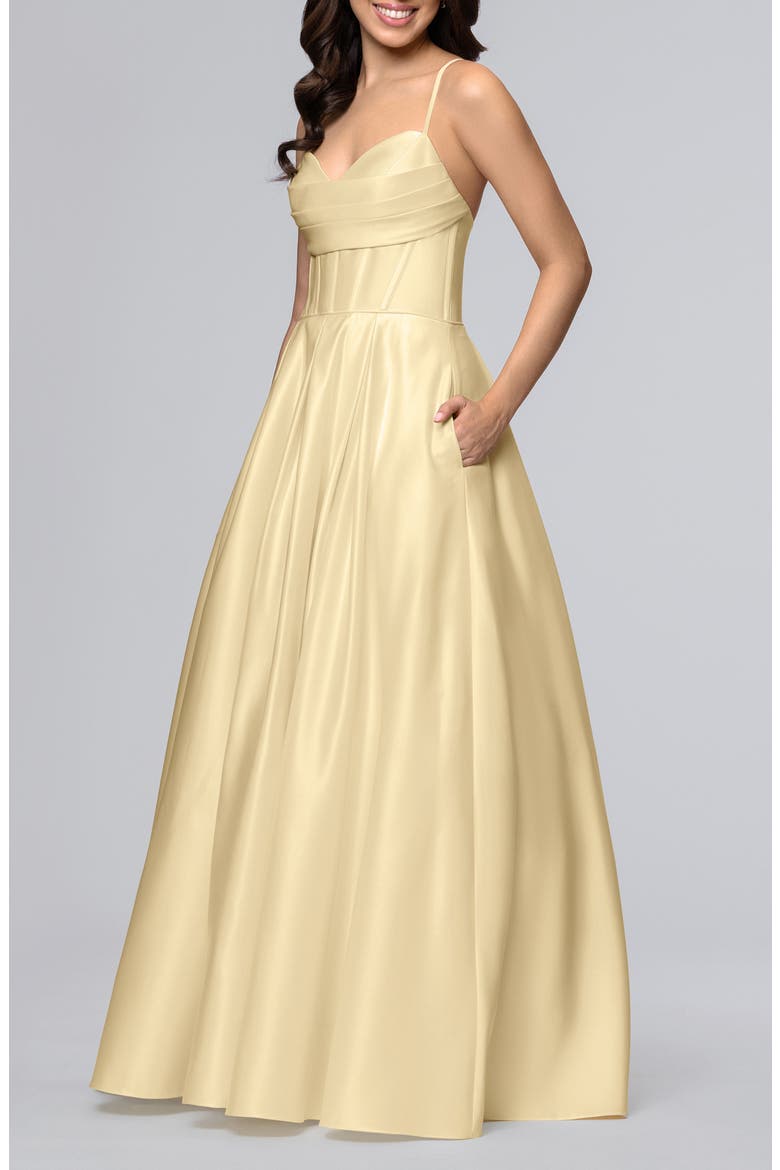 Corset Bodice Satin A-Line Gown, Alternate, color, BUTTER