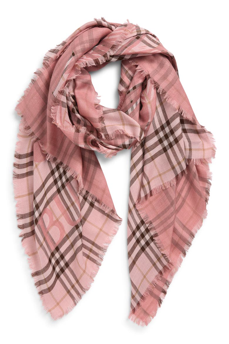 EKD Check Wool & Silk Gauze Fringe Scarf, Alternate, color, BOW PINK