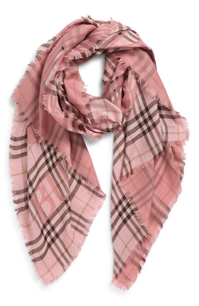 Burberry EKD Check Wool & Silk Gauze Fringe Scarf, Alternate, color, Bow Pink