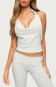 EDIKTED Eloisa Polka Dot Buckle Halter Top