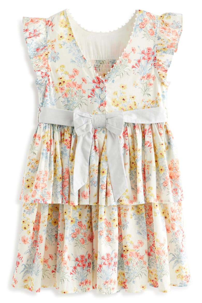 Kids' Smocked Flutter Sleeve Tiered Cotton Dress, Alternate, color, IVORY/ CORAL FLORAL