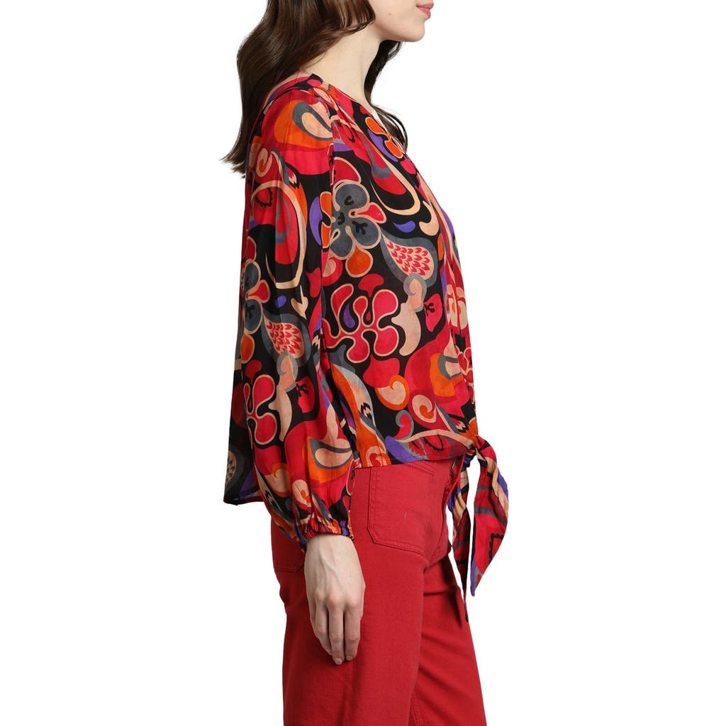 Apny Print Tie Front Top In Red Multi