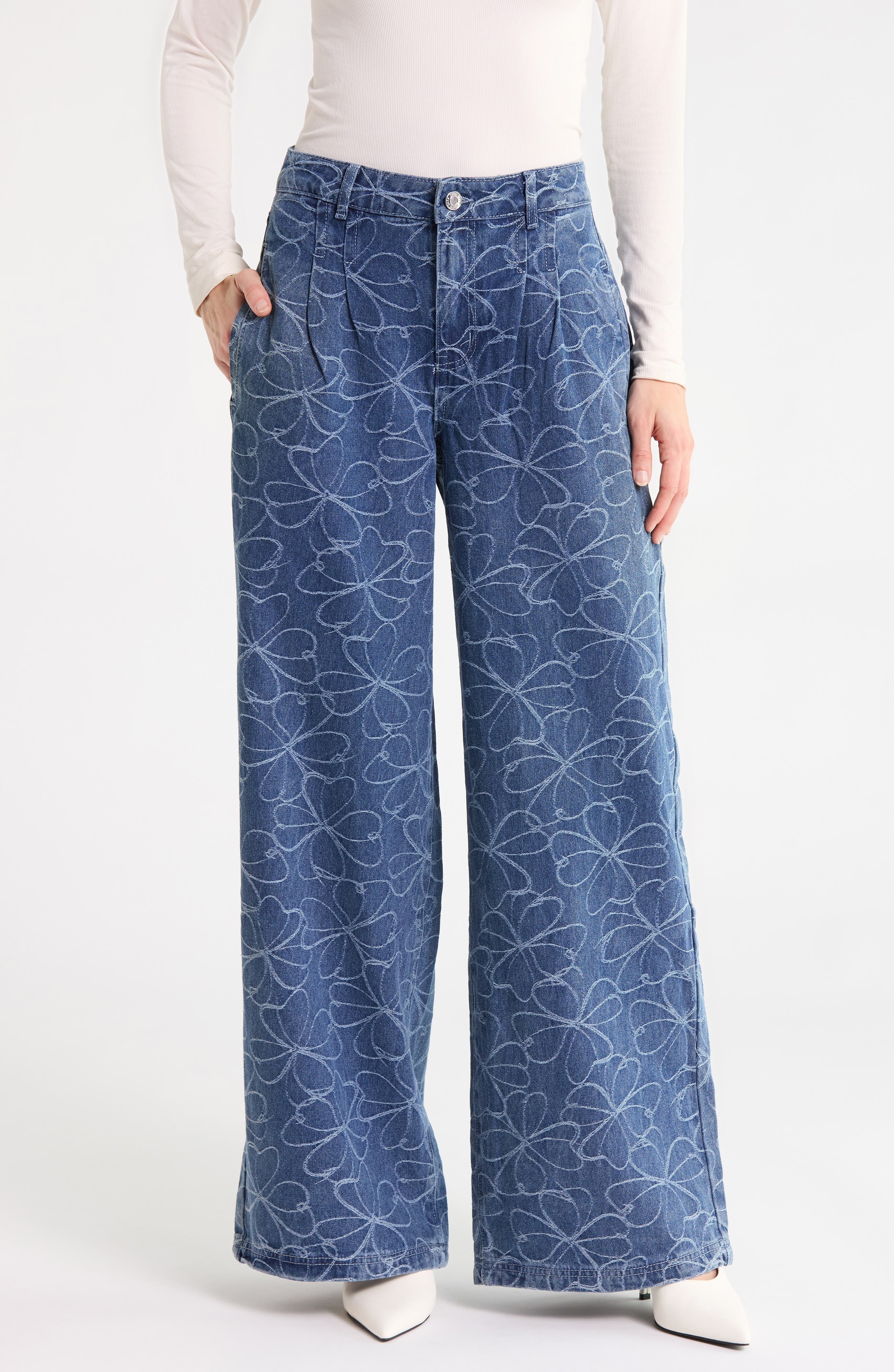 Embroidered Floral High Waist Wide Leg Jeans