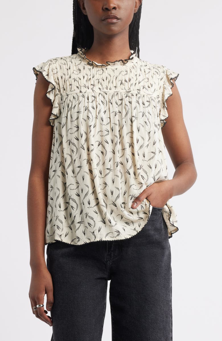 Treasure & Bond Shirred Ruffle Sleeve Top, Main, color, Ivory- Black Grassy Meadow