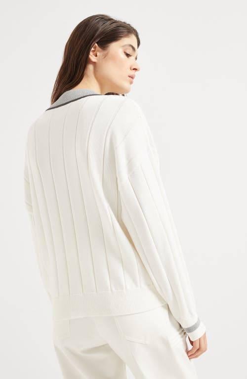 Brunello Cucinelli White T-shirt With V Neck And Monil Detail On The Collar In Panama