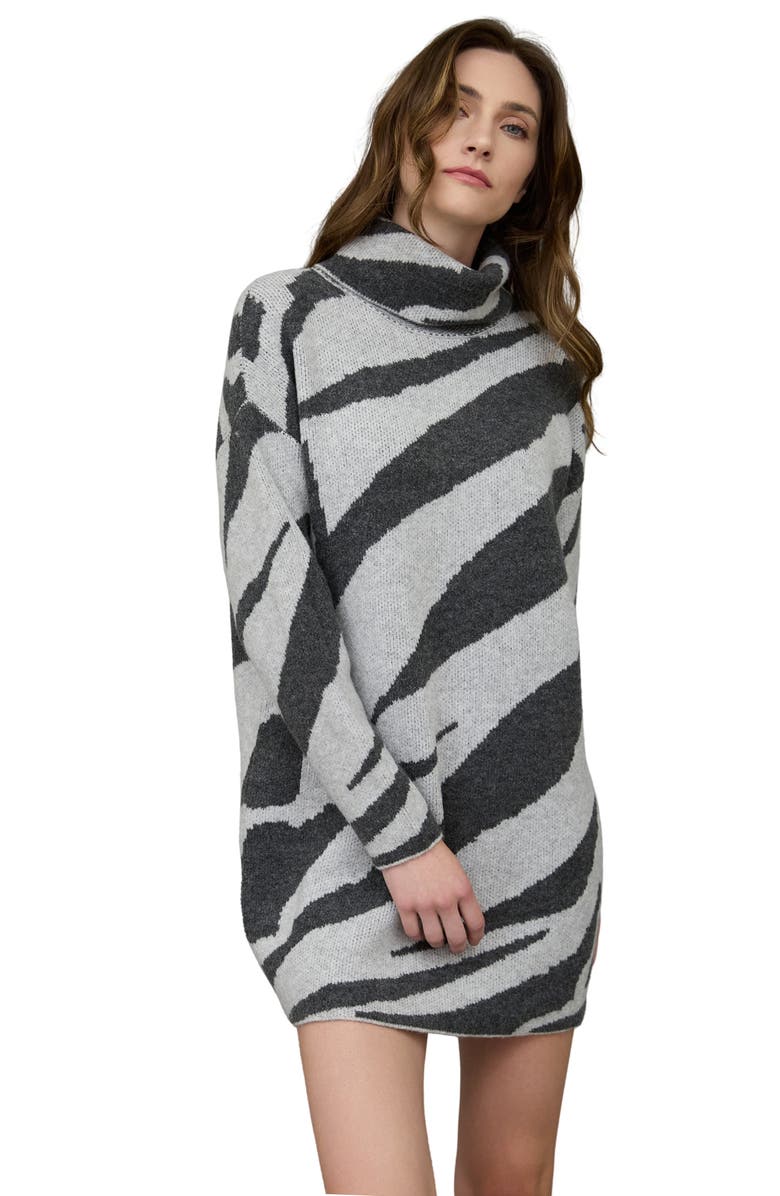 Blu Pepper Zebra Stripe Long Sleeve Turtleneck Sweater Dress, Alternate, color, Grey