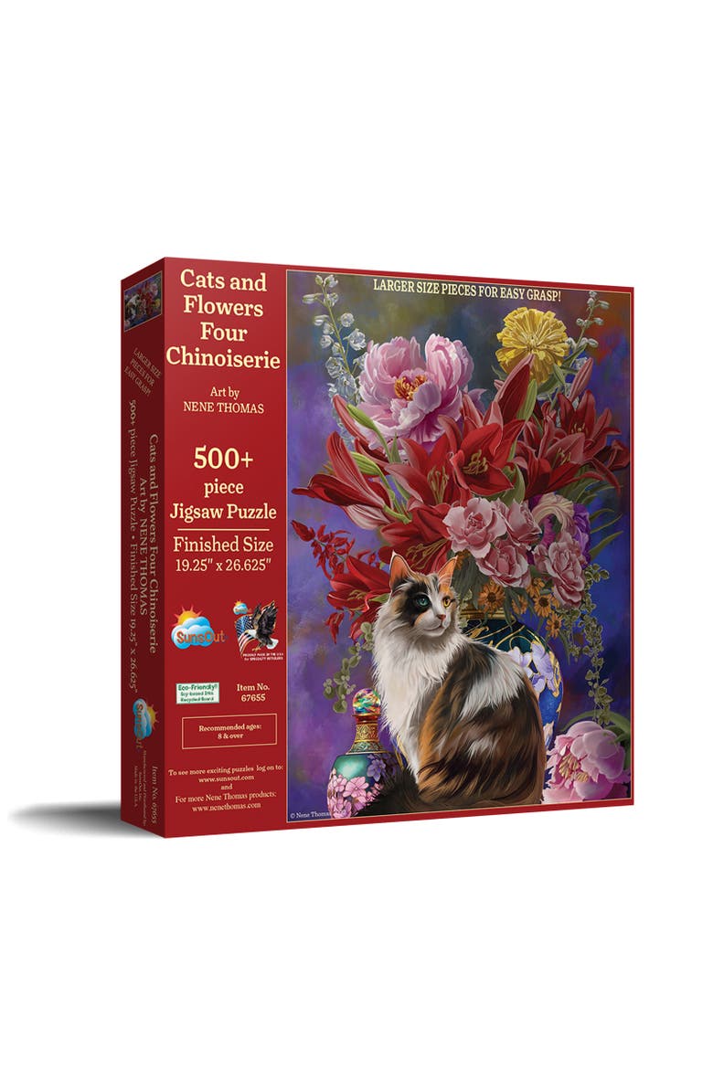 Cats and Flowers Four Chinoiserie 500 piece Jigsaw Puzzle for Adults Large Pieces, Main, color, Multicolor
